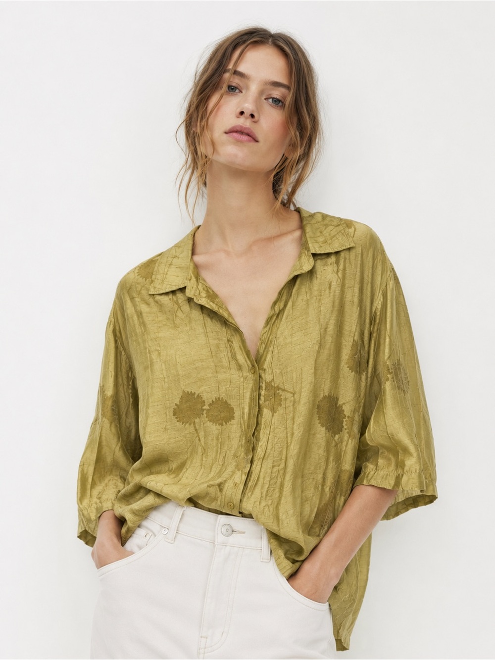 Zara ZW Collection Oversized Jacquard Shirt Olive Ecru Botanical Boho Blouse M